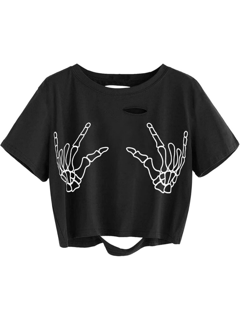 Women's U Black Skull Finger Graphic Distressed Ripped Crop Tops Tee Shirt